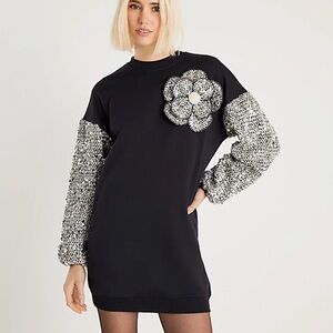 River Island Black Sweatshirt Dress with Silver Sequin Sleeves & Flower